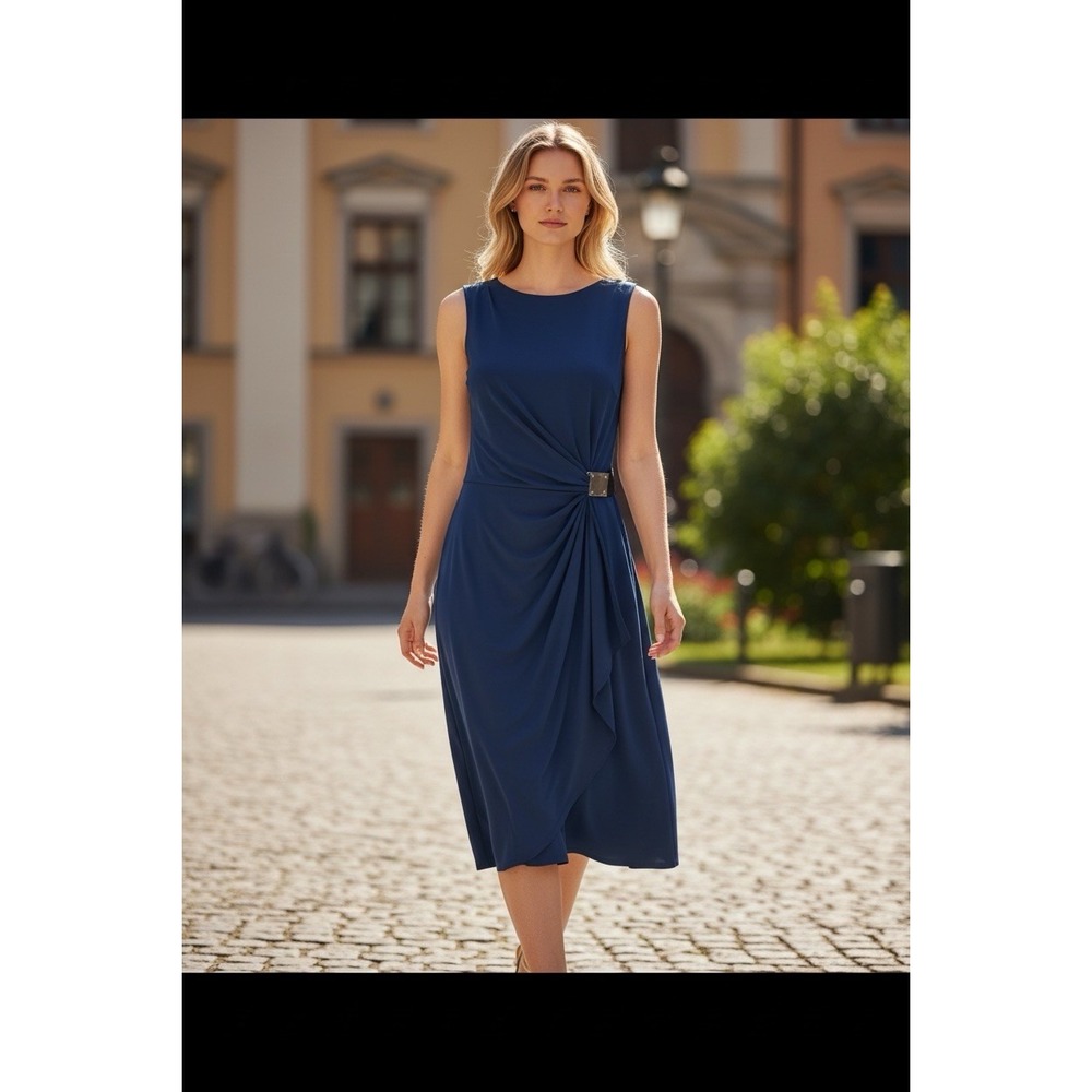 Emma & Michele Blue Sleeveless Sheath Dress Buckle Accent Size M